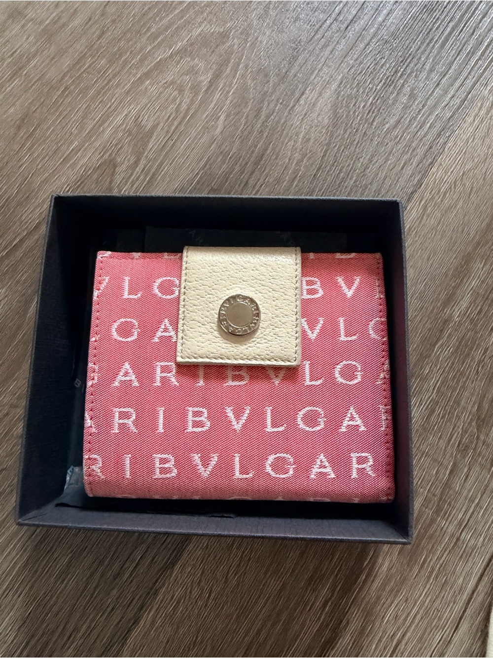 Bulgari Pink Signature Canvas Compact Wallet with Cream Tab